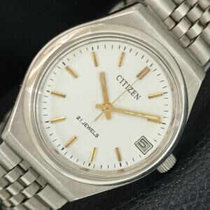 Vintage 1977 Citizen Manual Mens Silver Watch W/daydate & White accents